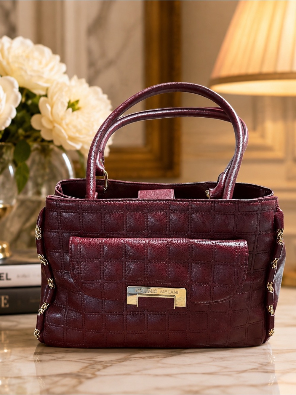 Antonio Melani Burgundy Leather Satchel Purse Gold Hardware Quilted Shoulder Bag